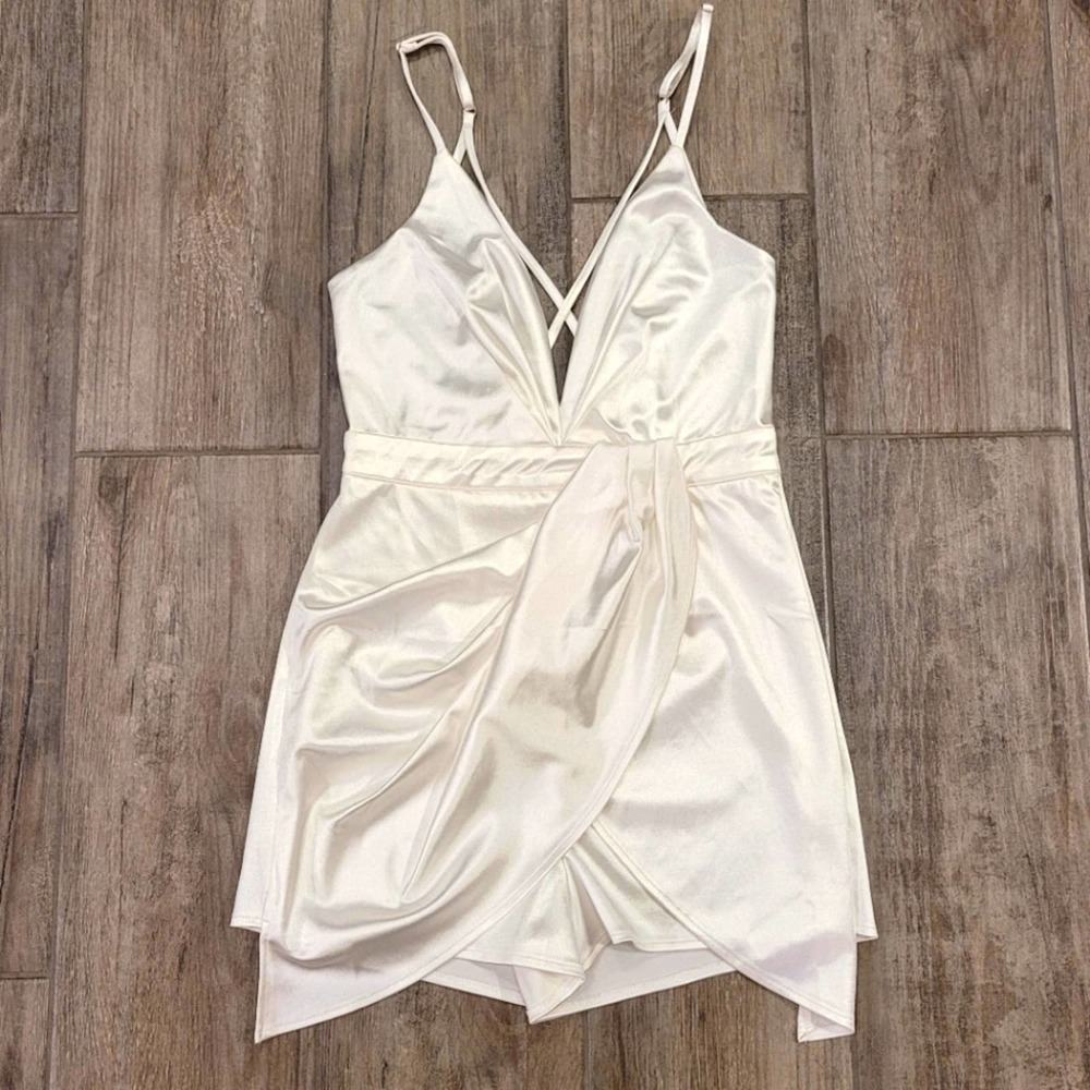 Fashion Nova Don't Hide My Shine Satin Romper White Bridal Faux Wrap Size XS
